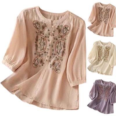 Fashion Women's Shirt Five-quarter Sleeve Spring And Summer Loose Top Embroidered Shirt