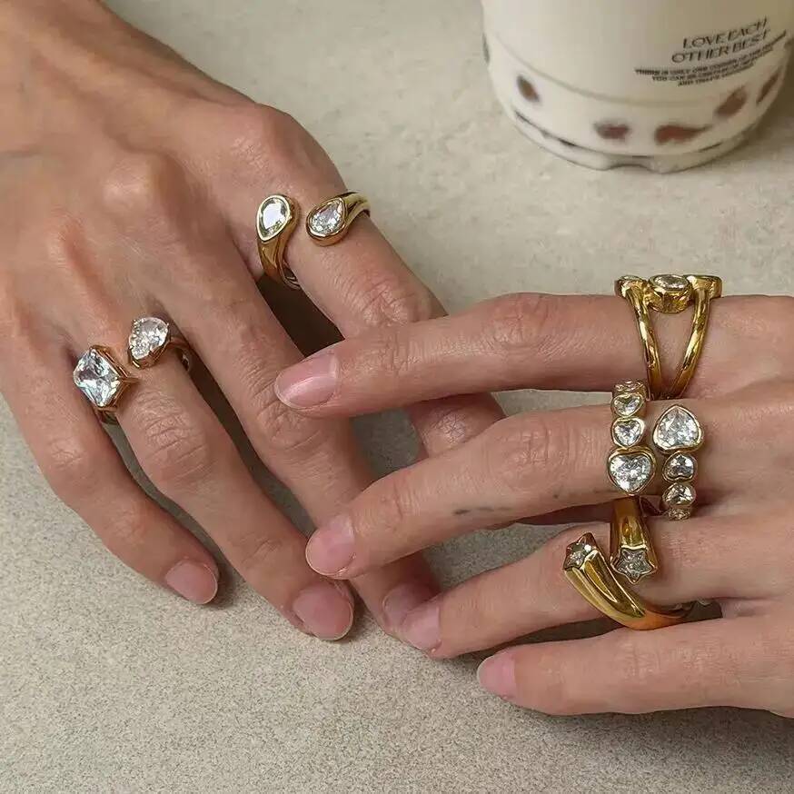 Salircon 5 Styles Exquisite Luxury Stainless Steel Zircon PVD18K Gold Color Plated Open Rings Women Fashion Jewelry Waterproof
