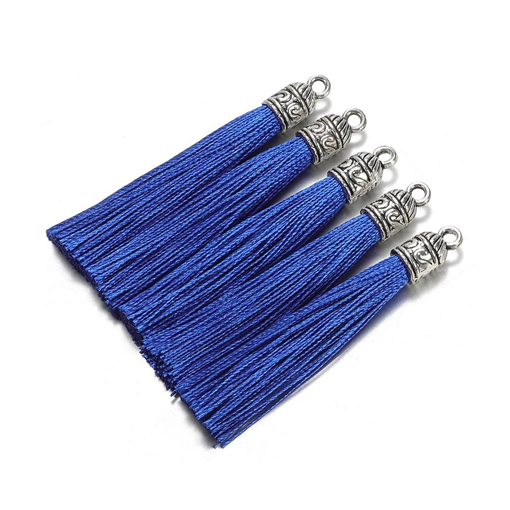10Pcs 6cm Silk Tassel Charms Brush Tassels With Antique Silver Caps For DIY Jewelry Making Handmade Earrings Pendant 2035