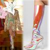 Fashion Sexy Pointed Crystal Thick High-heel Transparent Knee High Boots New Women Rear Zipper Fashion Show Stage Long Boot Size 35-47