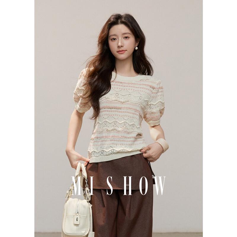 Mixiu Women s Ice-feel Knitted Pink Apricot Hollow Jacquard T-shirt S