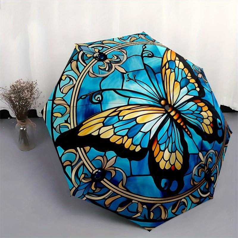 Stunning Stained Butterfly Window PanelUmbrella, Portable 3-Fold Compact Umbrella,Christmas Gift ES530
