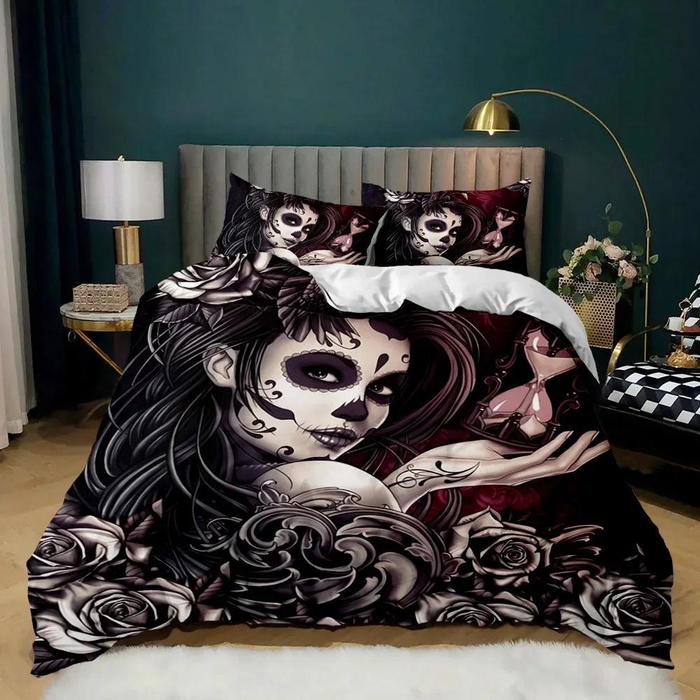 Red Rose Skull Queen Floral Skull Traditional Print Halloween Double Queen King Size Soft Polyester Duvet Cover Set