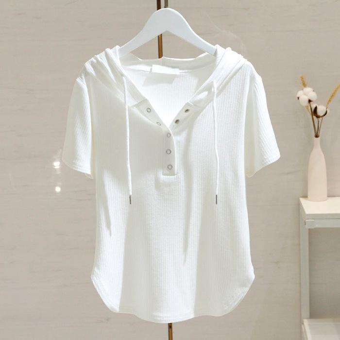 White Drawstring Hooded T-shirt for Women for Short-sleeved Summer Fashionable Loose Slim Versatile T-shirt Base Shirt