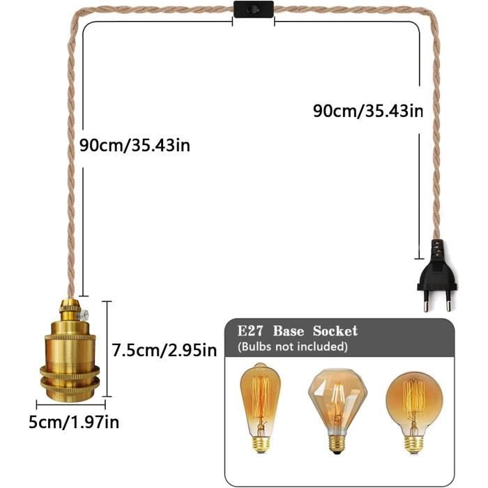 Lustre - Vintage - Corde De Chanvre - Métal Et Céramique - 180 Cm - E27 60W