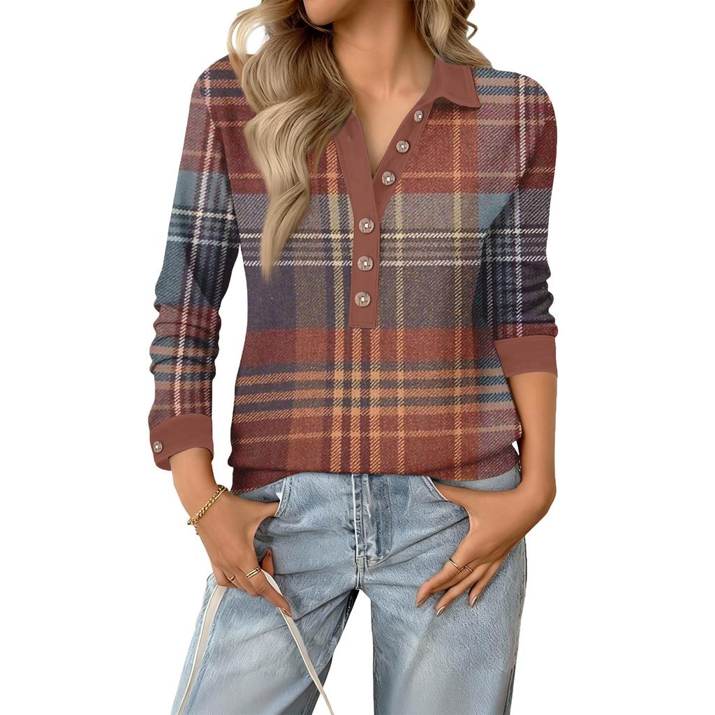 Women's Retro Street Lazy V,neck Long Sleeve Button Plaid Print Pullover Top