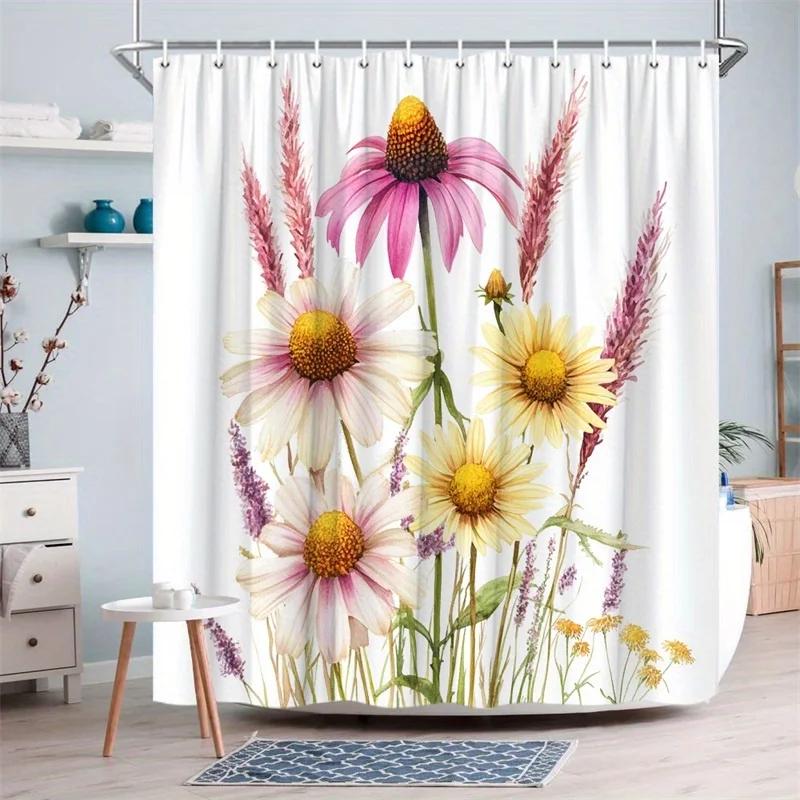 1pc Wildflowers Shower Curtain Detailed Watercolor Illustration Featuring Purple Coneflower Pink Cosmos White Daisy and Yellow C W90xH180cm