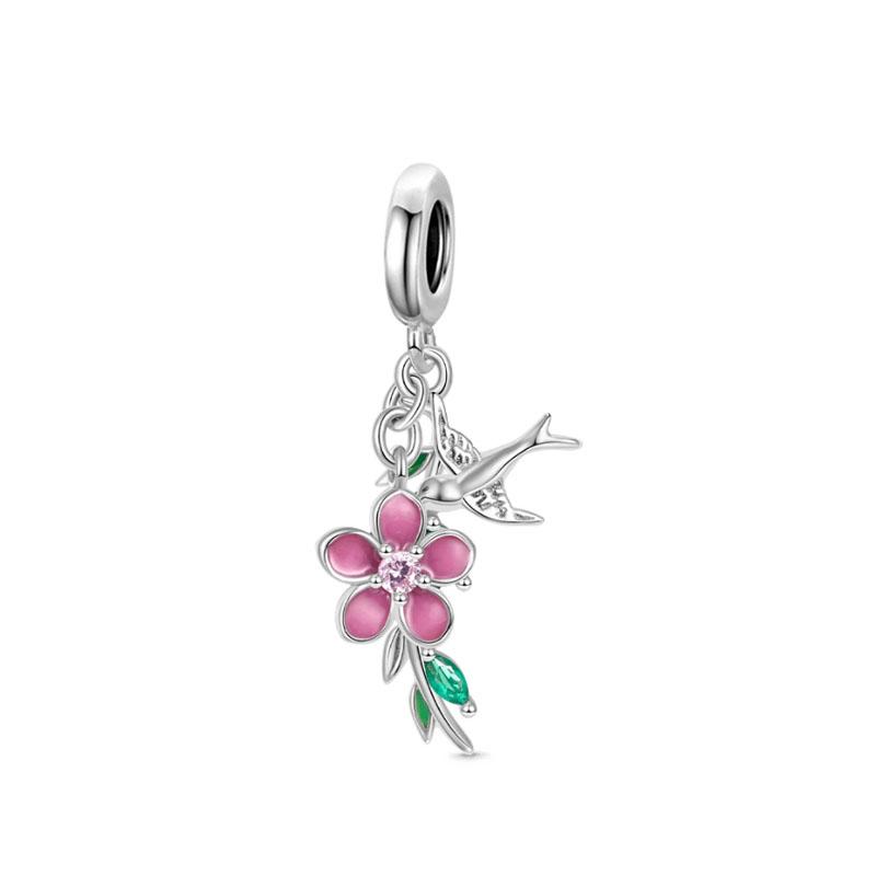 NEW Fine S925 Silver Pink Glass Flamingo Dangle Bead Pendat Fit Original  Bracelet Jewelry Shiny Colored Zircon Bird Charm