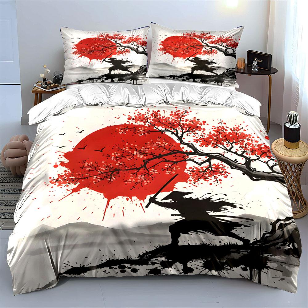 Samurai Under Red Sun Art Bedding Duvet Cover Set (1*Duvet Cover 2*Pillowcases, Without Duvet Insert)