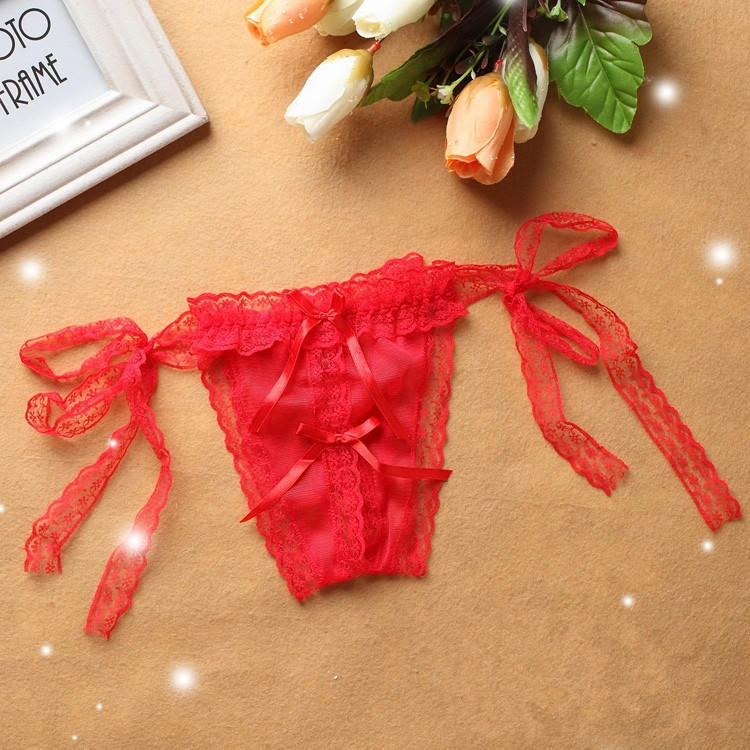 Sexy Open Cut Thong Lace T Pants Women's Underwear Solid Transparent Low Waisted Large Size Sexy Lace Up Panties
