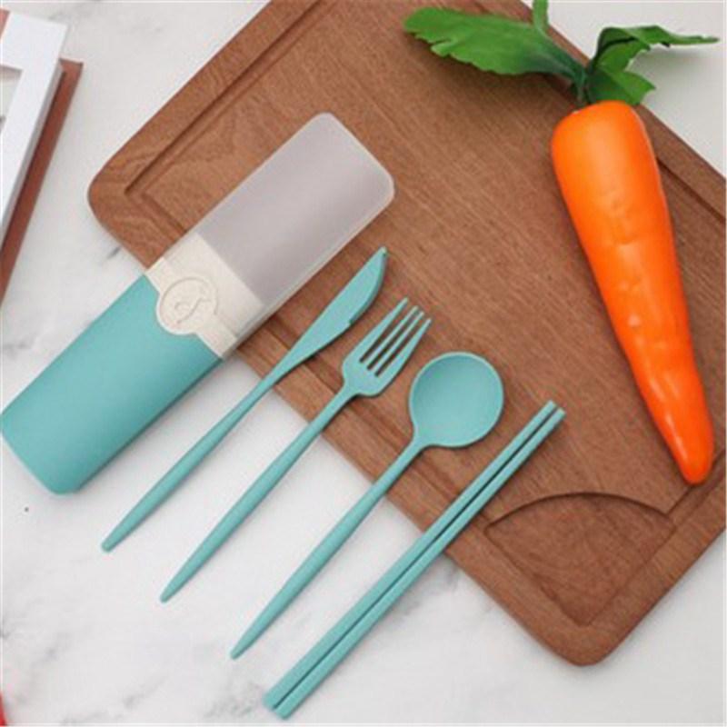 Wheat Straw Tableware Chopsticks Carrying Box Simple Spoon Fork Reusable Travel Cutlery Set Picnic Portable