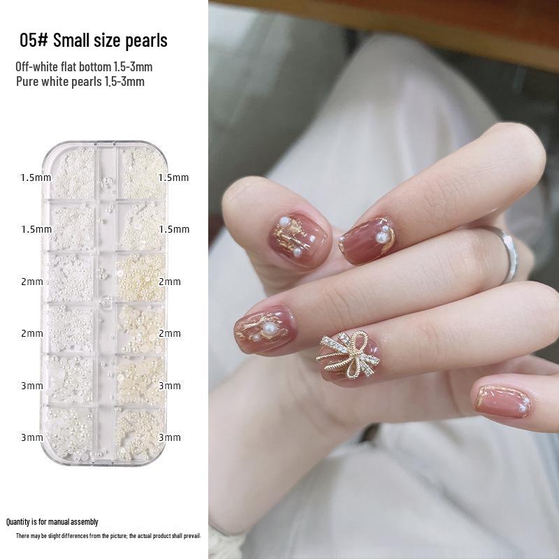 12-Grid Nail Art Pearls: Off-White Mixed Sizes, No Holes, Semi-Circular Boxed Decorations