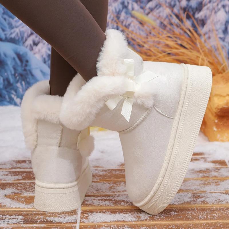 Women Boots Fashionable Bow Round Toe Elegant Snow Boots Winter Flat Wear-resistant Soft Students Plus Velvet Warm Women Shoes