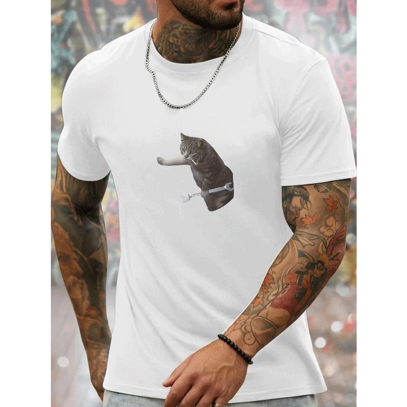 European sizes Men's Fun Cat Print Short Sleeve T-Shirt, Creative Wrench Tool Pattern Personality Fashion Top. Summer Casual Loose Round Neck