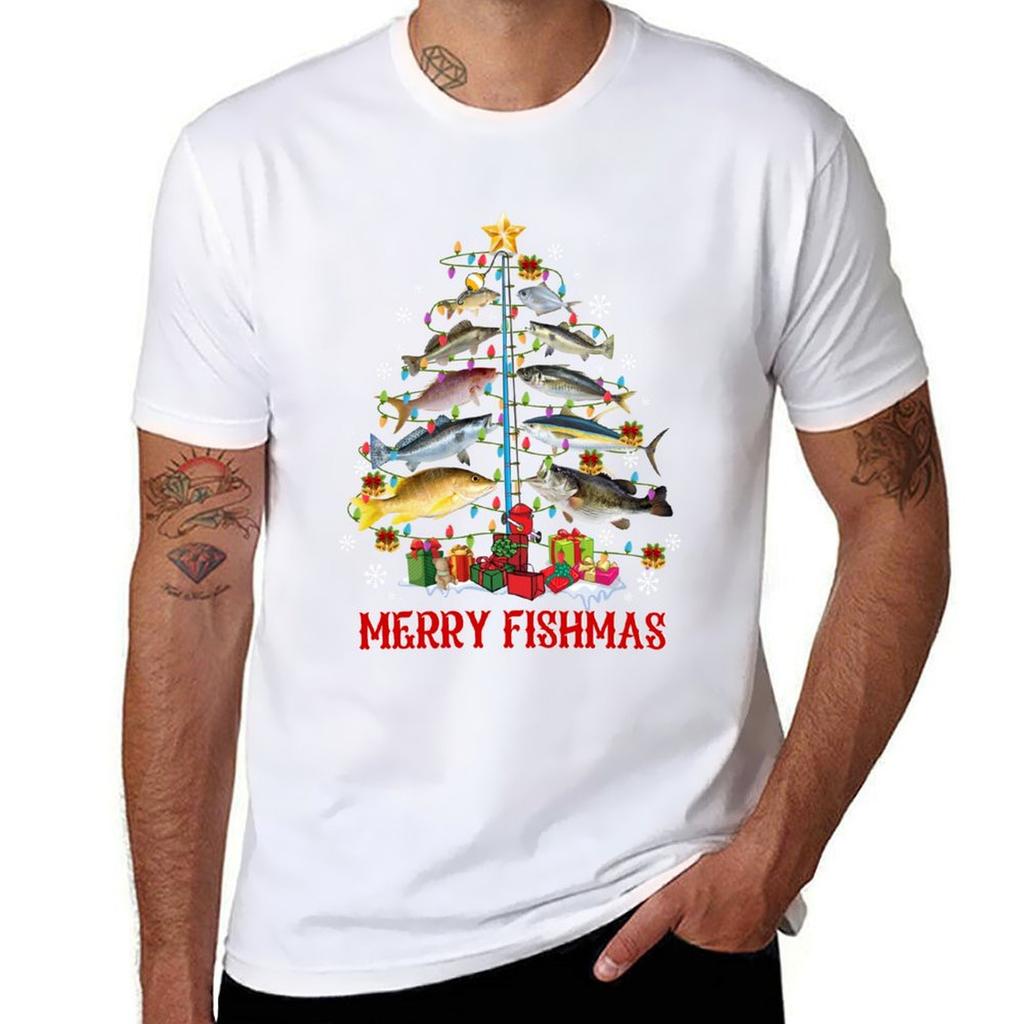 Funny Fish Christmas Tree For Unisex Grandpa Fishing Lovers Dad Tshirt Work Style Casual Tshirt