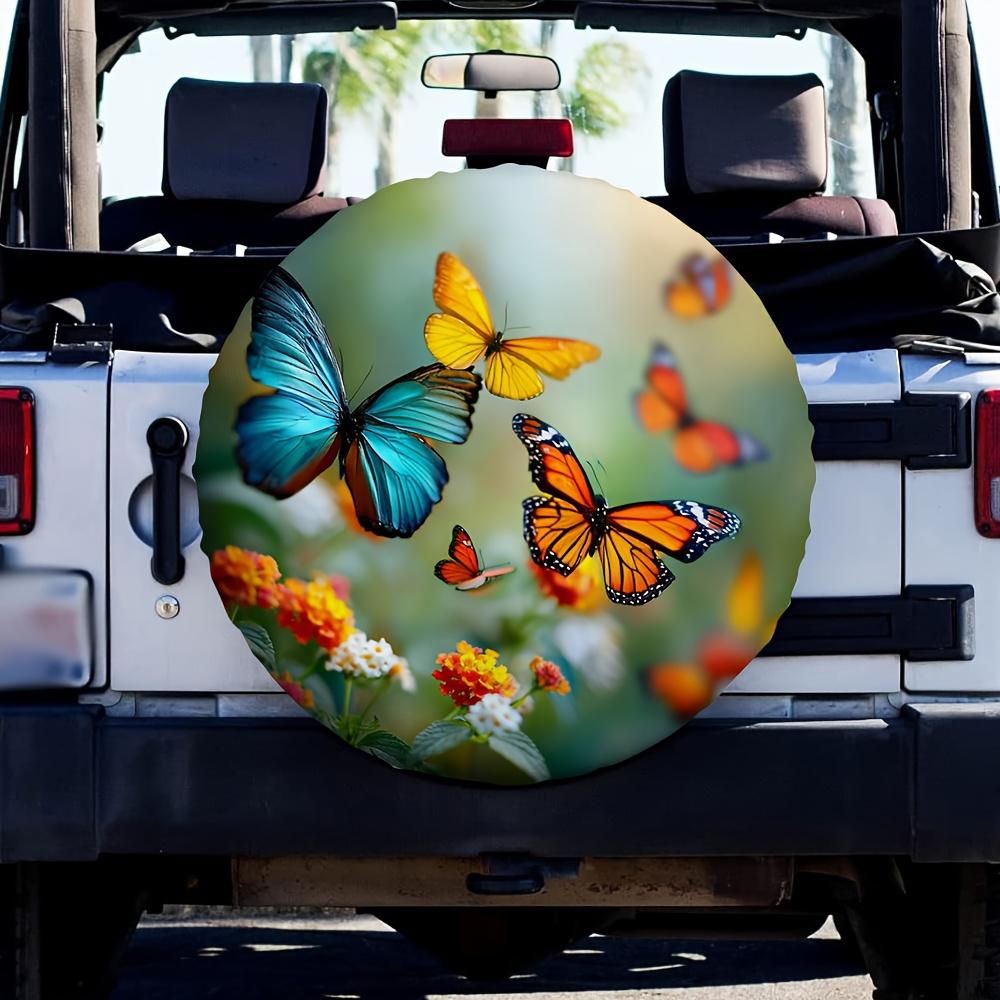 One Piece Of 2D Flat-Printed Car Tire Cover Featuring Flying Butterflies And Flowers, Made From 100% Polyester. Ideal For Birthd