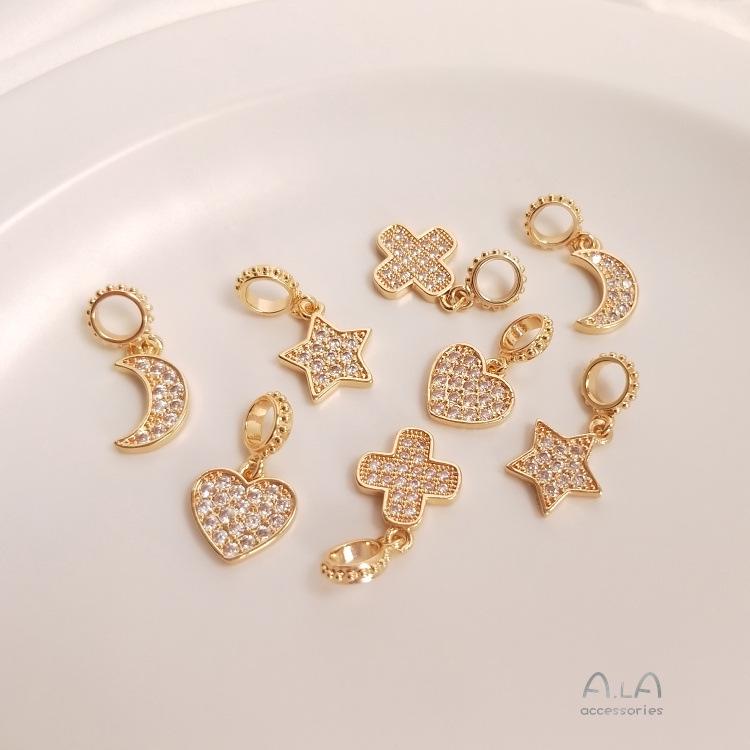 14K Gold-Filled Zirconia Heart, Pentagon, Star, and Moon Pendant Charm for DIY Jewelry