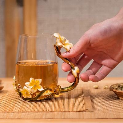 Glastasse, transparente Farbe, rund, mit Griff, Metall-Blumenornamente, Haushalt, europäischer Kaffee, Geschenkverpackung, Desktop-Dekoration