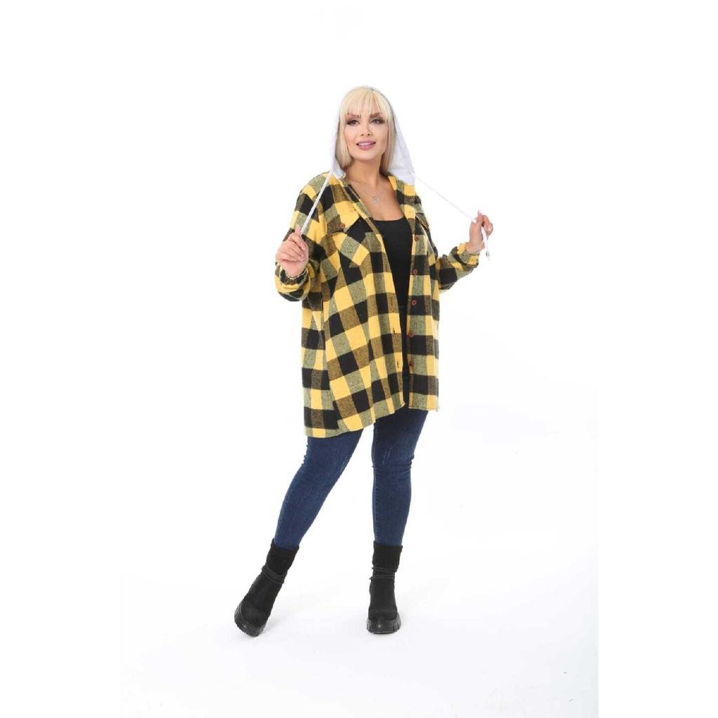 Large Size Cotton Lycra Hooded Shirt With Elastic Sleeves Buttons And Pockets Loose Cut Long Plaid Lumberjack Shirt