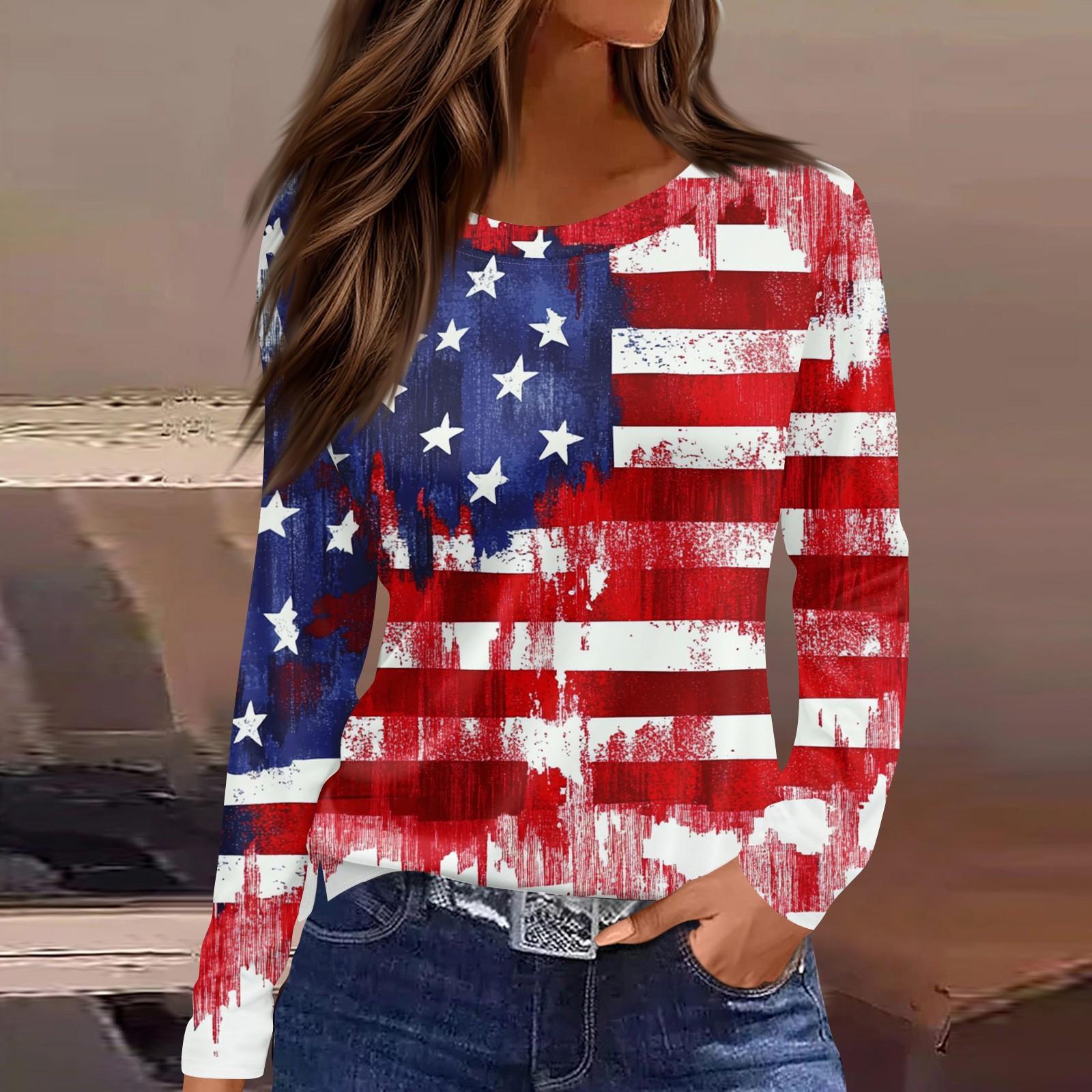 Women s Fashion Slit Hem Independence Day Printed Round Neck Long Sleeve Top L