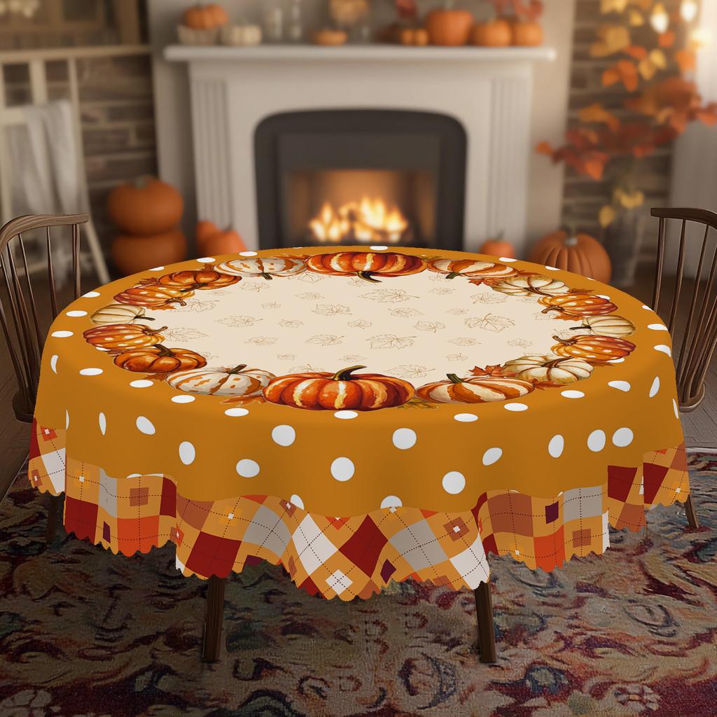 1 Piece Of Autum Polka Dot Pumpkin Plaid Tablecloth, Available In Various Sizes, Autum Courtyard Party Decoration Tablecloth, Thanksgiving Party Table