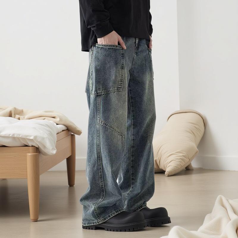 

Men s Retro Multi-Pocket Washed Jeans - Loose Straight-Leg Nostalgic Pants for Spring and Autumn S
