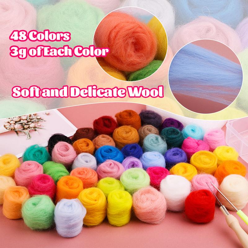 Kit de împâslire cu ac de lână, 48 de culori, kit de început pentru împâslire cu ac, pentru DIY, meșteșuguri, filare manuală din fibre de lână