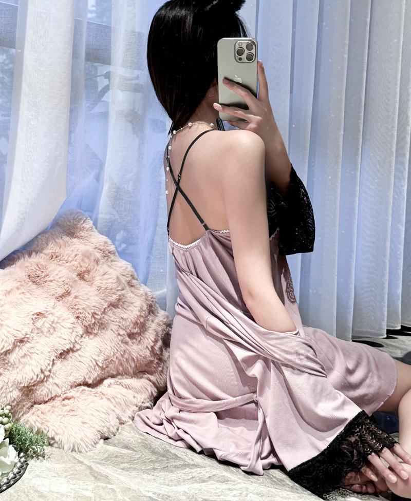 1011 autumn and winter new sexy suspender nightdress with chest pad two-piece set Modal lace sexy pajamas women