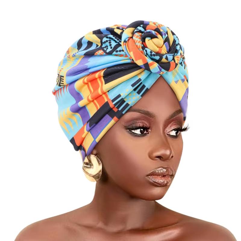 New Women African Print Pleated Turban Knotted Headwraps Elastic Head Scarf Floral Beanie Chemo Cap Bandana Headwear Hair Covers