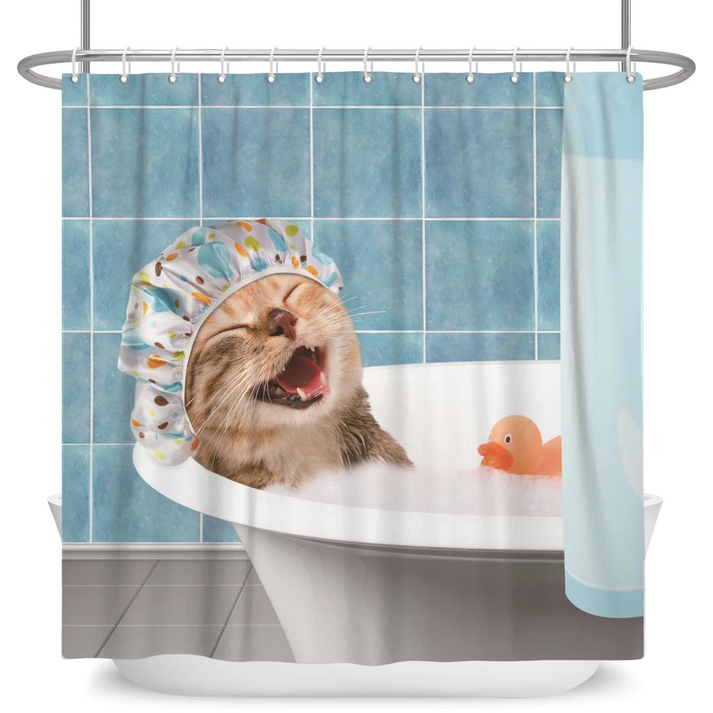 Hrdinský Velký bílý žralok s pistolí Kočka Vtipný sprchový závěs Pro kryt vany Kryt koupelny Koupání Extra velký Široký 12 ks háčků