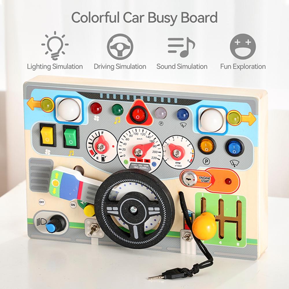 Montessori Busy Board Sensory Toys Wooden Steering Wheel Switch Control Board for Children Travel Activities Games Gifts Toy