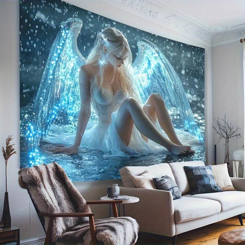 Mystical Water Angel Tapestry, Glowing Blue Crystal Wing Fairy Wall Art for Dreamy & Aesthetic Room