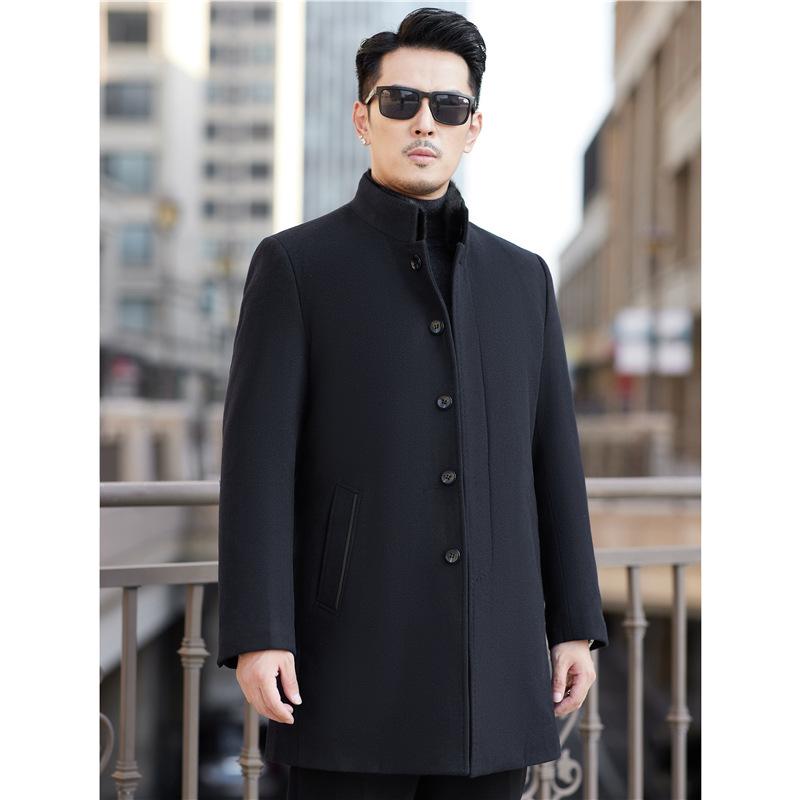 

New winter cashmere coat for men, medium-length rex rabbit fur lining, middle-aged thickened woolen coat, mink fur stand-up collar 170
