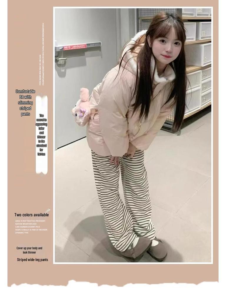 Lazy Style Black & White Striped Fleece-Lined Wide-Leg Pants: Petite-Figure Flattering, Autumn/Winter Casual Floor-Length Design