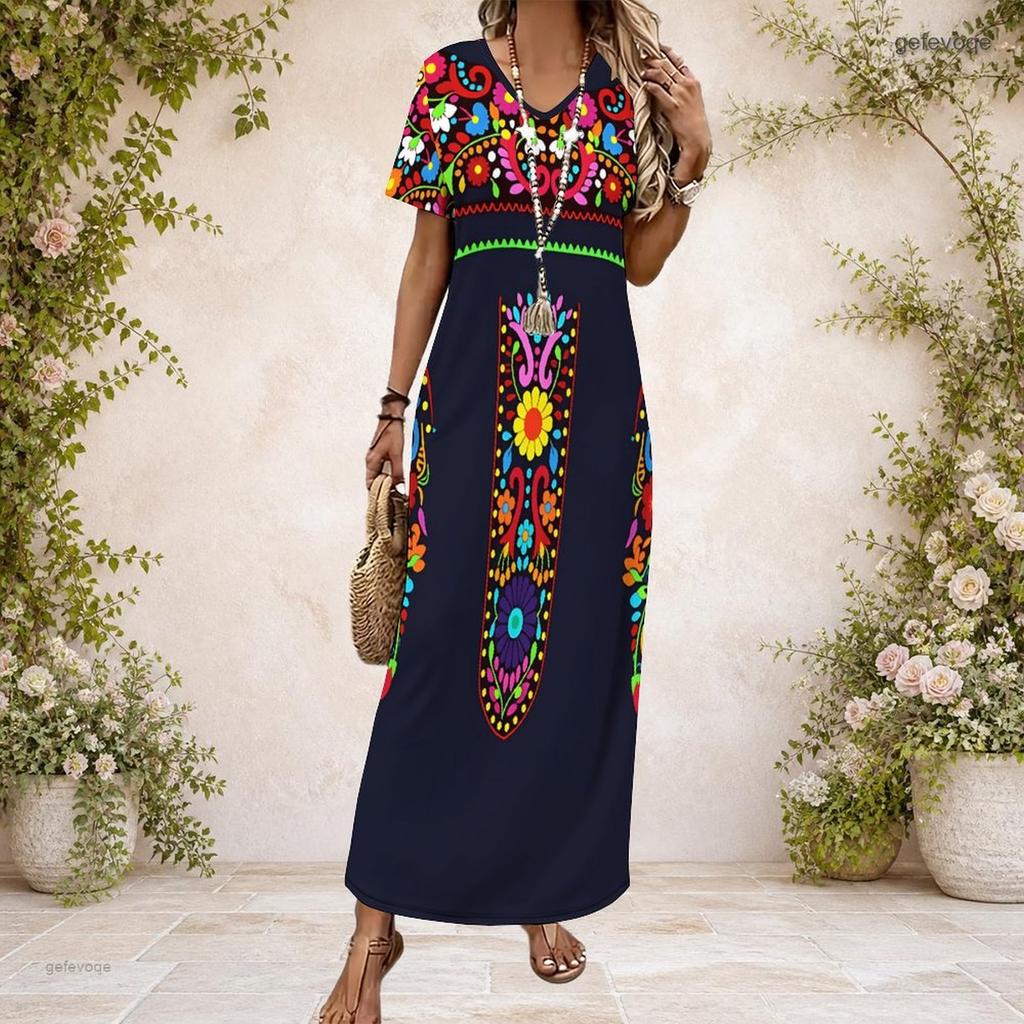 Women Plus Size V Neck Short Sleeve Printed Navy Blue Straight Long Maxi Dress