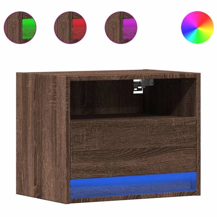 VidaXL Wall-mounted Bedside Table with LED Lights Brown Oak, Floating Bedside Table, Phone Holder, Table of 852073