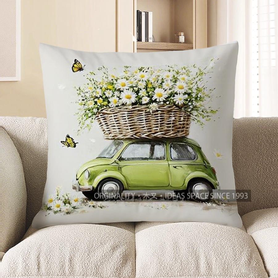 Home Decor Vintage Car With Daisy Basket Throw Pillow Pattern Cushion Cover Suitable For Sofa Bedroom Car Pillow Cover