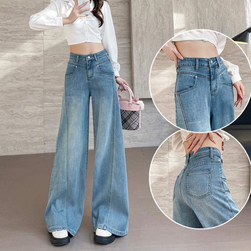 Women's High Waist Vintage Blue Wide Leg Jeans Non Stretch Seam Splicing Loose Straight Denim Trousers Plus Size Floor Length Casual Long Pants