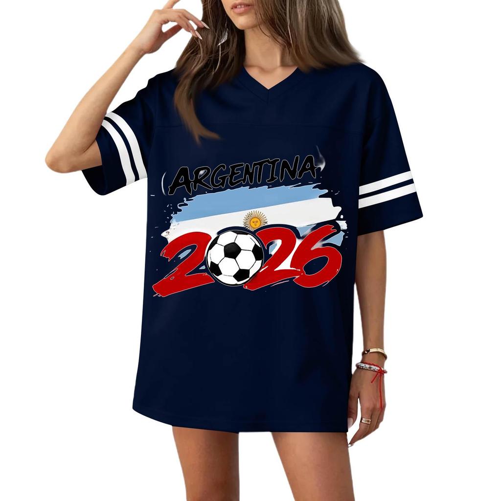 Women's Casual V Neck Soccer Jersey Style Short Sleeve Top with Argentina Flag and Football Print for Sports and Wear