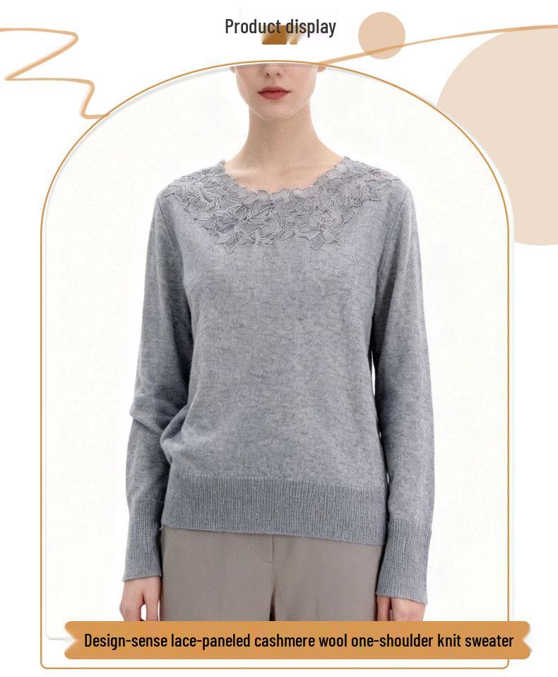 Women's Elegant Knitwear: Lace Patchwork Long Sleeve Cashmere Wool Sweater for Fall/Winter.