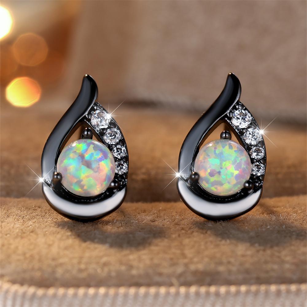 White Fire Opal Round Stone Stud Earrings For Women Vintage Black Rose Gold Silver Color Angel Wings Earring Engagement Jewelry
