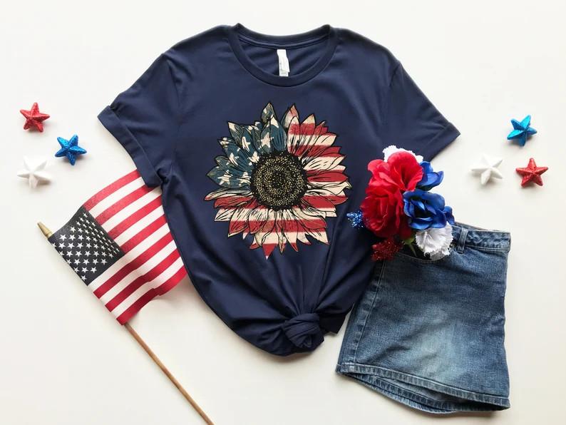 America Sunflower Shirt, USA Flag Flower Tee, Patriotic 4th of July Gift L