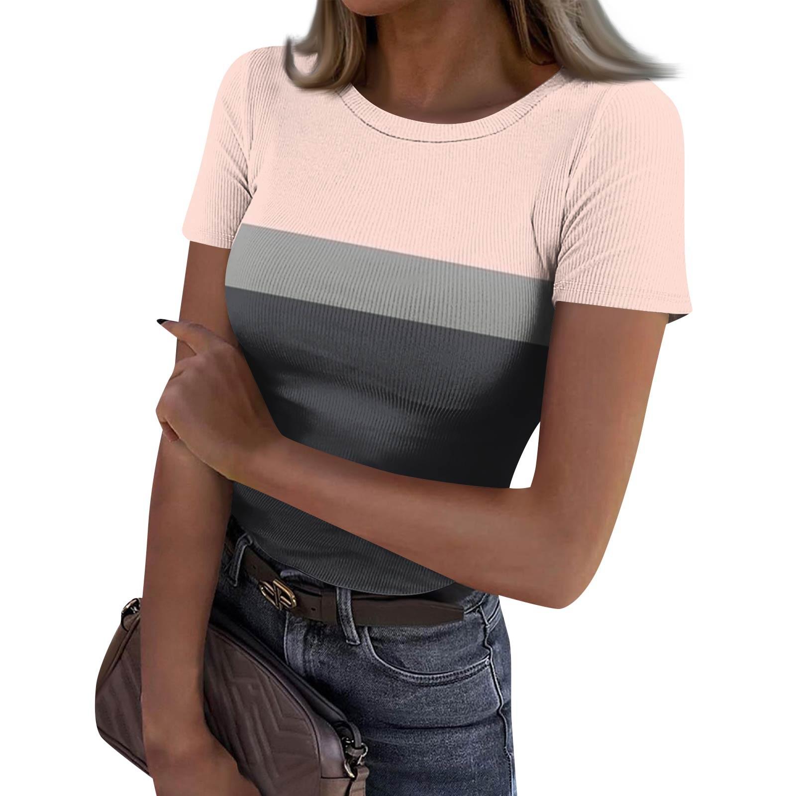 

Женская узкая футболка, модный повседневный свитер с круглым вырезом и коротким рукавом XXL розовый