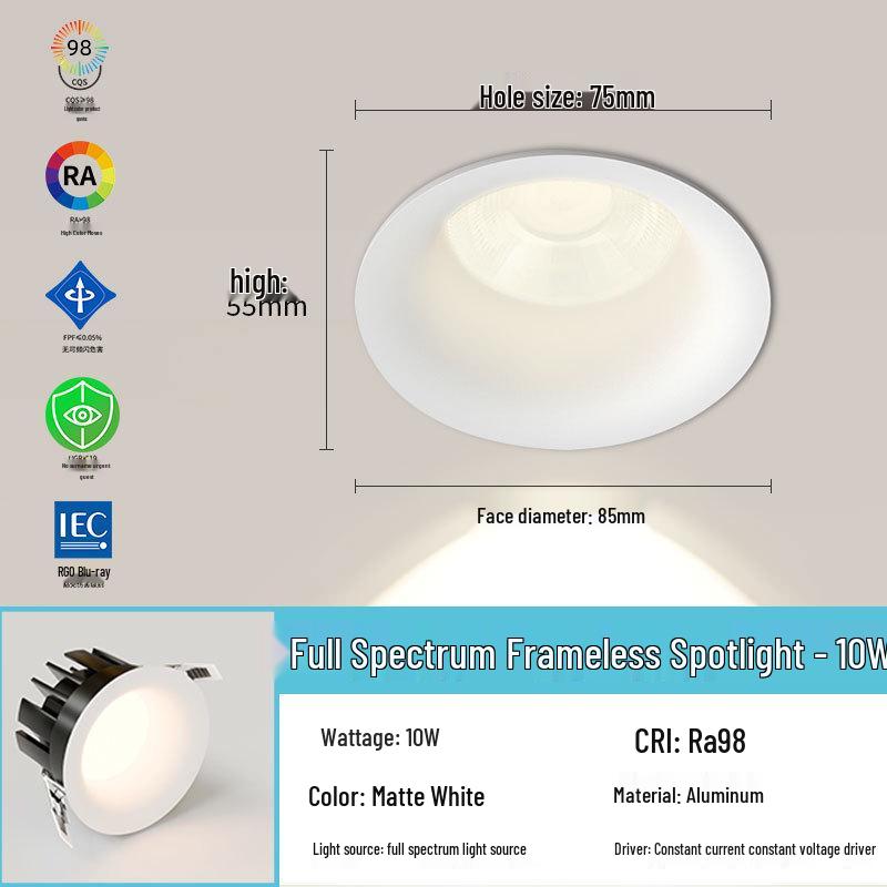 Frameless 75mm LED Downlight, Deep Anti-Glare, Eye-Protective Spotlight for Living Rooms.