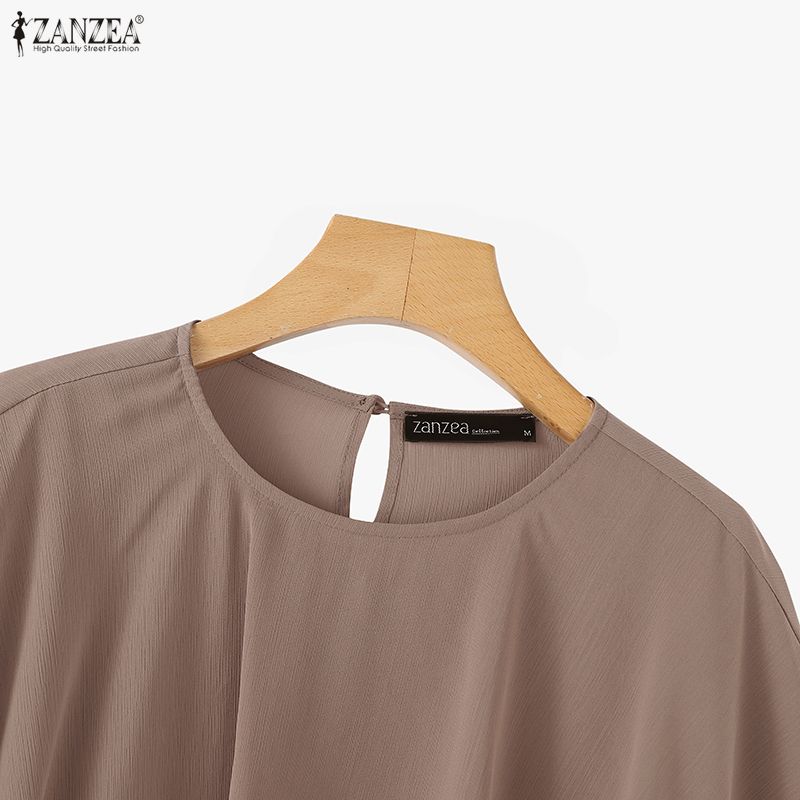 ZANZEA Women Casual Round Neck Loose Ruffles Short Sleeve Blouse
