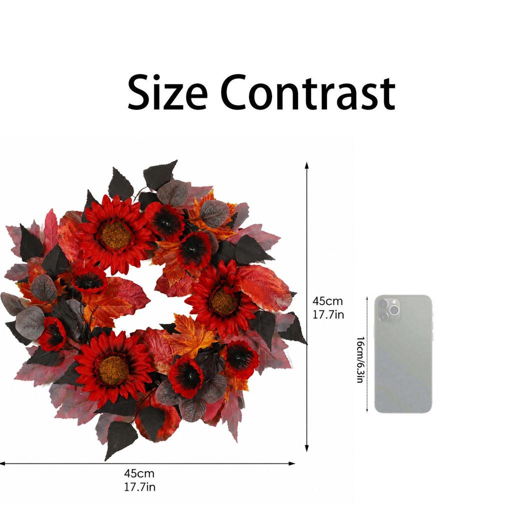 45cm Artificial Sunflower Wreath Autumn Leaf Garland Halloween Decoration Hanging Ornament for Door Wall Indoor Outdoor Use