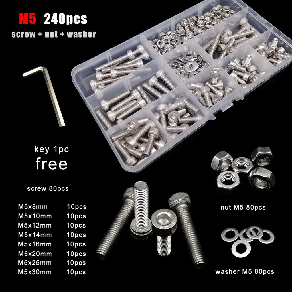 1 box M1.6 M2 M2.5 M3 M4 M5 M6 M8 DIN912 304 Stainless Steel Allen Hexagon Hex Socket Cap Head Screw Bolt Nut Washer Set Kit Box