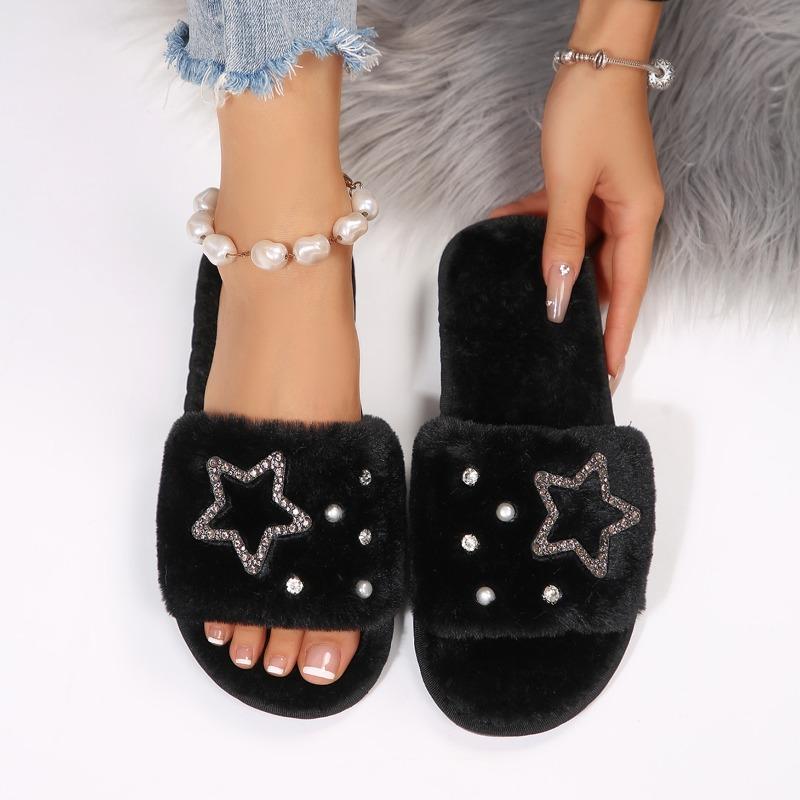 Fashion 2025 Autumn/winter Women New Round-toe Thick-soled Flat Mid-heel Fur Sandals Star Rhinestone Slippers Home Slippers
