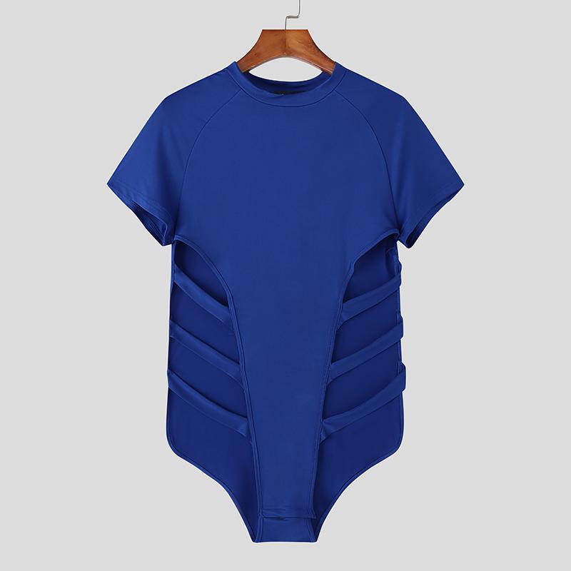 INCERUN Men Short Sleeve Hollow Bandage Fitted Jumpsuits Romper Homewear