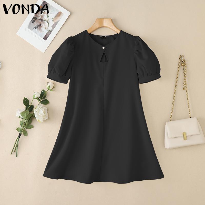 VONDA Women Elegant Puff Sleeve Solid Color Casual Mini Dress